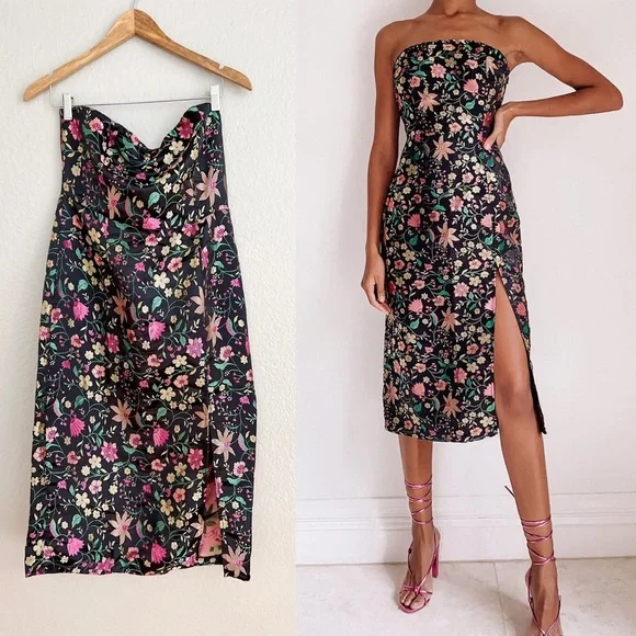 knee length dresses for ladies Floral Jacquard Strapless Midi Gown | GownFit and Flare